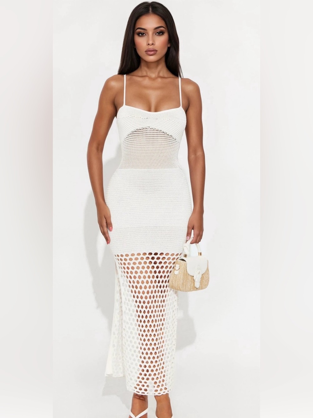 Fashion Nova- White Crochet Spaghetti Strap Maxi Dress